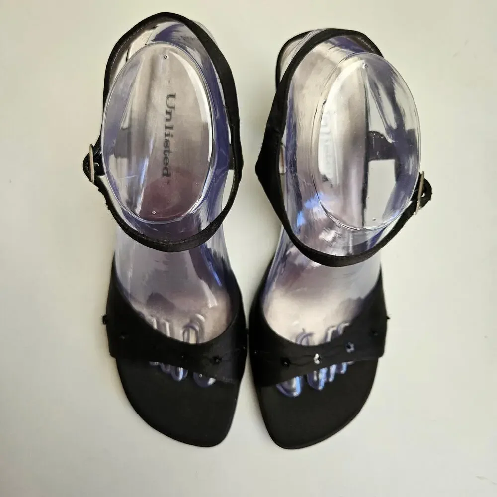 Y2K Unlisted Wedge Heels Women's 10 Black Satin Sequin Ankle Strap‎ Sandals